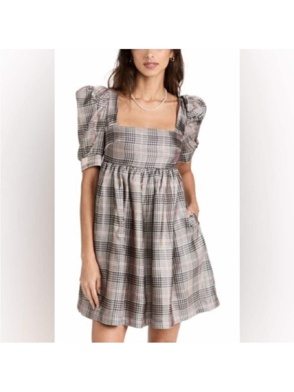 EN SAISON Poppy Plaid Organza Mini Dress | Medium | Puff Sleeves size L - Picture 2 of 10